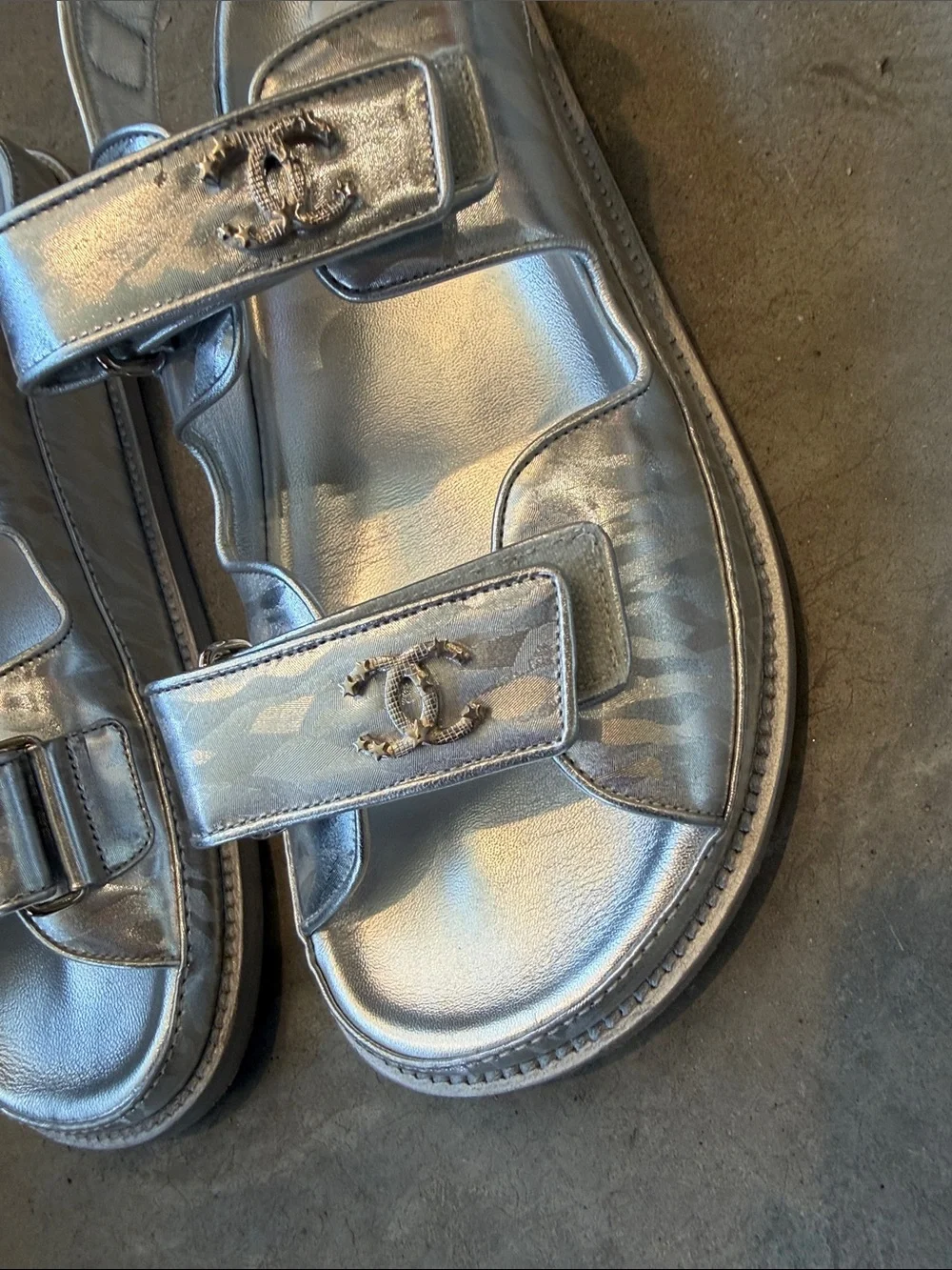 Chanel Metallica  Silver Leather Velcro dad Sandals